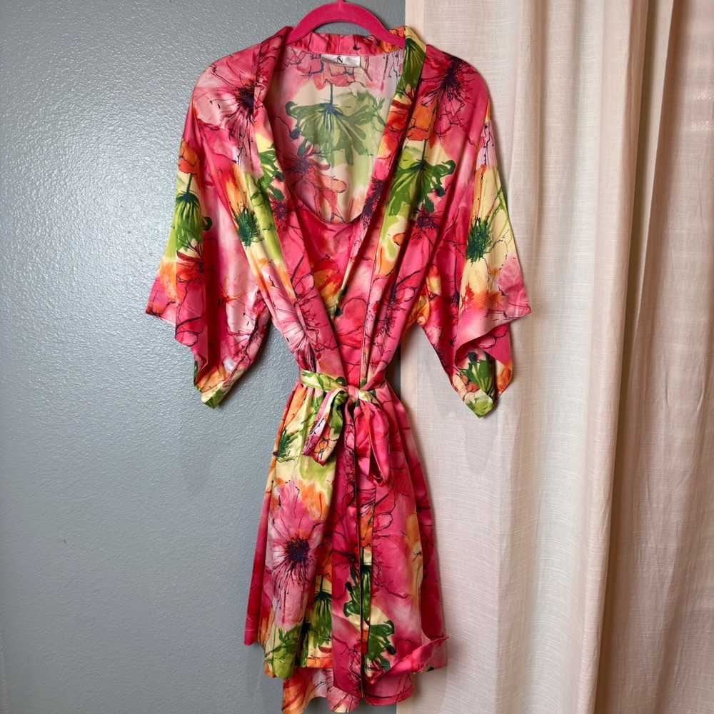 Natori Robe Set Women Medium Multicolor Pink Floral Satin Kimono Nightgown 2pc